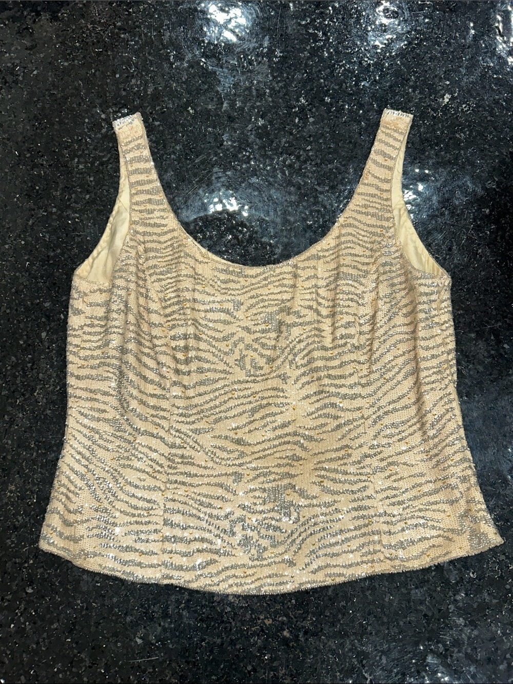 Vintage CACHÉ 90s Beaded 100% Silk Zebra Top Y2K Animal Print Tank Size 44